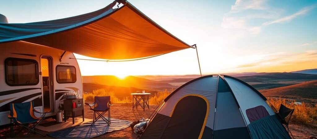 A well-organized RV camping setup with essential gear from CampingGearAuthority, bathed in warm golden light. In the foreground, a sturdy tent with an awning, accompanied by folding chairs and a cooler. In the middle ground, a compact camp kitchen with a portable stove and cookware. The background features a scenic landscape with rolling hills and a picturesque sunset sky, captured through a wide-angle lens. A well-organized RV camping setup with essential gear from CampingGearAuthority, bathed in warm golden light. In the foreground, a sturdy tent with an awning, accompanied by folding chairs and a cooler. In the middle ground, a compact camp kitchen with a portable stove and cookware. The background features a scenic landscape with rolling hills and a picturesque sunset sky, captured through a wide-angle lens.
