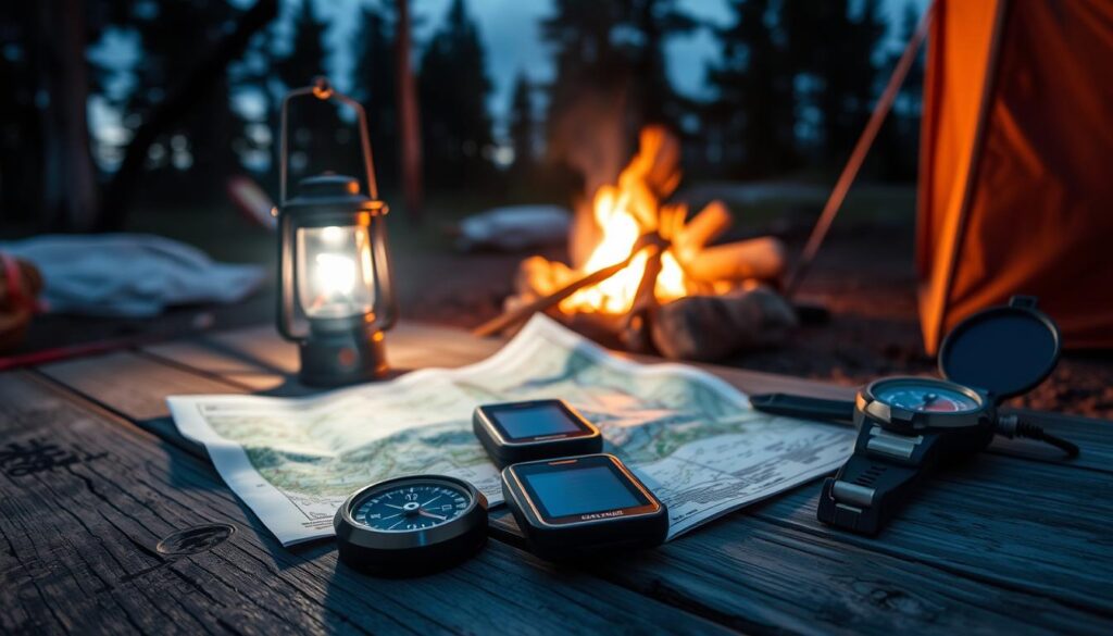 A campsite at dusk, illuminated by a warm campfire glow. In the foreground, an assortment of navigation tools laid out on a weathered wooden table - a magnetic compass, a handheld GPS device, a detailed topographic map, and a sturdy lensatic compass. The middle ground features a camping lantern, casting a soft, diffused light across the scene. In the background, the silhouettes of pine trees against a dusky sky, hinting at the wilderness beyond. The overall atmosphere conveys a sense of adventure and exploration, with the tools waiting to guide the camper on their journey.