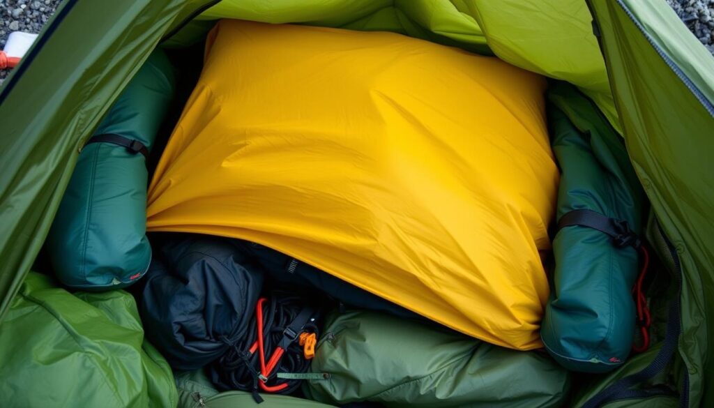 A close-up view of a carefully packed ultralight backpacking tent, nestled within a neatly organized assortment of accompanying gear. The tent's waterproof ripstop fabric gleams under soft, natural lighting, highlighting its compact, lightweight design. Meticulously folded rainfly, poles, and ground tarp are arranged alongside essential packing accessories like stuff sacks, compression straps, and guy lines, all contributing to an efficient, minimalist packing solution. The composition emphasizes the tent's portability and the streamlined approach to packing an ultralight shelter for the backcountry, complementing the "Tips for Packing an Ultralight Tent" section of the article.