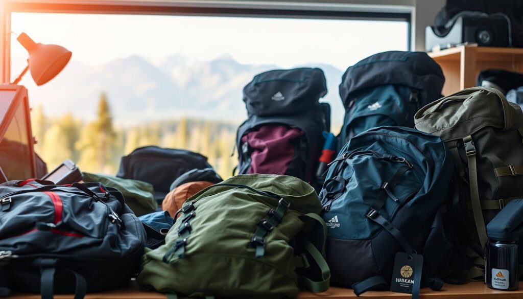 A cluttered desk with various hiking backpacks scattered haphazardly, showcasing common mistakes beginners make when choosing a pack. The backpacks are in the foreground, partially obscured by gear and accessories. In the middle ground, a blurred outdoor landscape with mountains and trees hints at the intended use of the backpacks. Soft, natural lighting illuminates the scene, creating a contemplative mood. The image captures the challenges of selecting the right backpack for hiking, emphasizing the importance of careful consideration and research.