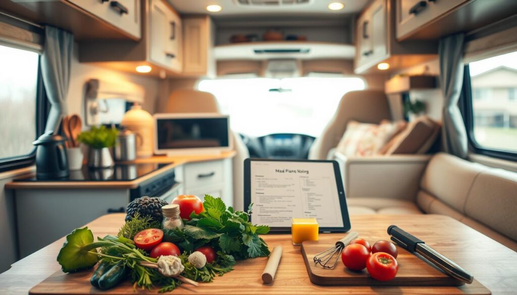 A cozy RV interior with a well-organized kitchen counter, displaying an array of fresh ingredients, appliances, and meal planning materials. The warm, soft lighting casts a gentle glow, creating a welcoming and homely atmosphere. In the foreground, a cutting board with fresh vegetables, herbs, and spices, suggesting the preparation of a nourishing meal. In the middle ground, a tablet or notebook open, showcasing meal plans, recipes, and grocery lists. The background features cupboards, shelves, and other storage solutions, hinting at the thoughtful organization of the RV's culinary space. The overall scene conveys a sense of planning, preparation, and the excitement of embarking on a flavorful RV camping adventure.