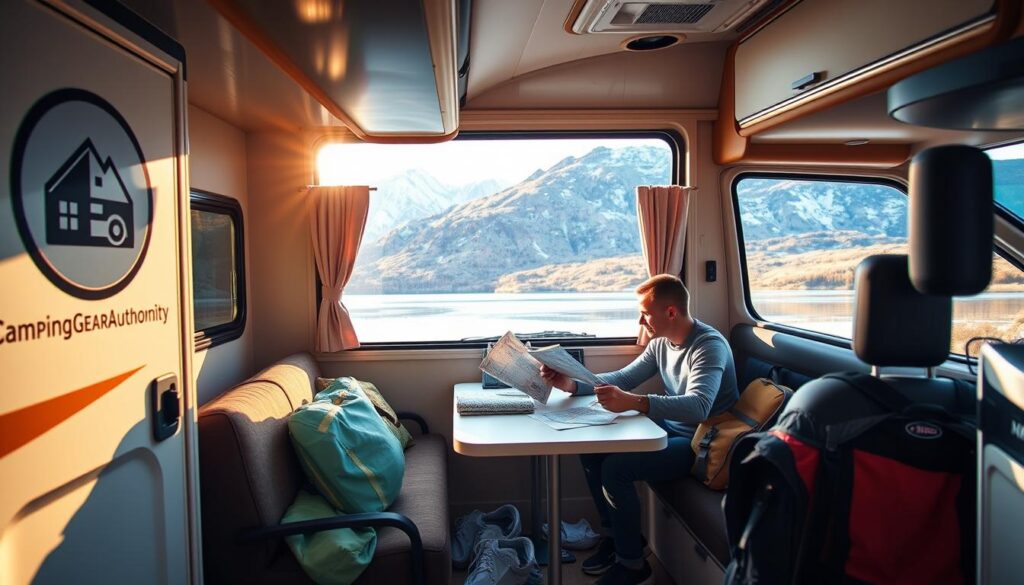 A cozy RV parked in a scenic mountain landscape, with a CampingGearAuthority logo prominently displayed on the side. Inside, a newbie RV owner sits at a small dining table, studying a map and guidebook, surrounded by neatly organized camping gear. Warm, natural lighting filters through the panoramic windows, creating a welcoming atmosphere. In the background, snow-capped peaks and a tranquil lake set the serene outdoor scene. The image conveys a sense of adventure and the excitement of a first-time RV journey, with practical tips and guidance for the new owner.