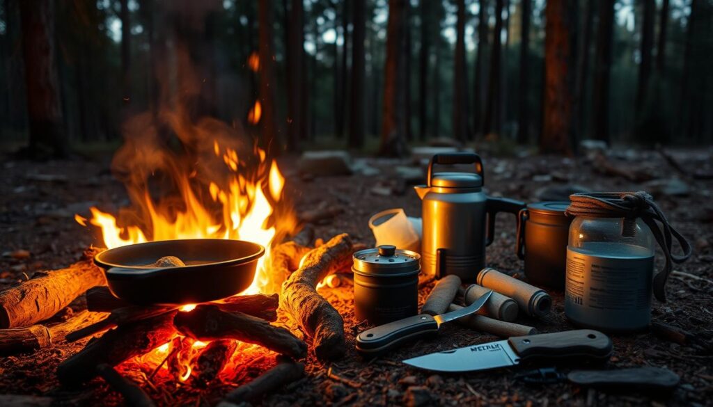 A cozy campfire illuminates a rustic outdoor cooking setup, with a cast-iron skillet sizzling over the flames. Surrounding the fire, an assortment of essential backpacking gear is neatly arranged: a compact camping stove, a lightweight mess kit, a collapsible water container, and a well-worn camping knife. The scene is bathed in warm, flickering light, casting long shadows across the forest floor. In the background, tall pines sway gently, creating a serene, wilderness atmosphere. The overall mood is one of self-reliance, adventure, and the simple pleasures of outdoor living.