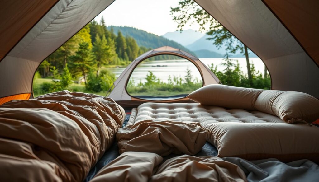 A cozy camping scene with an array of high-quality sleeping gear in the foreground. In the middle ground, a well-equipped tent surrounded by lush greenery, with a serene lake and mountains in the background. The lighting is soft and warm, creating a peaceful, inviting atmosphere. The sleeping gear includes a luxurious sleeping bag, a plush inflatable mattress, and an ergonomic camping pillow, all in neutral, earthy tones that blend seamlessly with the natural setting. The composition emphasizes the comfort and practicality of the gear, showcasing its ability to enhance the camping experience.