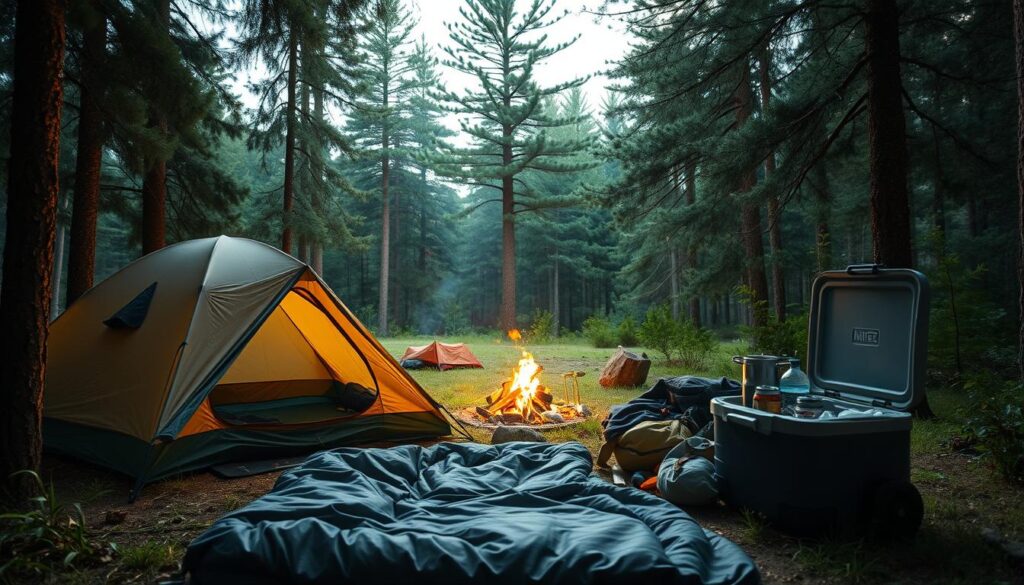 A cozy campsite nestled in a lush, verdant forest. In the foreground, a neatly organized array of essential gear: a sturdy tent, a thermal sleeping bag, a portable camp stove, and a cooler filled with supplies. Soft, natural lighting filters through the trees, casting a warm glow over the scene. In the middle ground, a small campfire crackles, its flames dancing in the gentle breeze. In the background, towering pine trees sway, their branches creating a peaceful, tranquil atmosphere. The overall mood is one of adventure and relaxation, inviting the viewer to imagine themselves immersed in the great outdoors.
