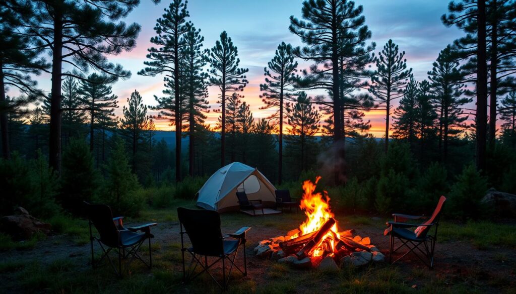 A cozy campsite nestled in a lush, verdant forest. In the foreground, a roaring campfire casts a warm, flickering glow, surrounded by a circle of comfortable camping chairs. In the middle ground, a well-equipped tent stands tall, its fabric gently fluttering in the soft breeze. The background is a panoramic vista of towering pine trees, their branches reaching up towards a sky painted with hues of orange and pink as the sun dips below the horizon. The overall scene exudes a sense of tranquility and relaxation, inviting the viewer to immerse themselves in the serene, restorative power of nature. A cozy campsite nestled in a lush, verdant forest. In the foreground, a roaring campfire casts a warm, flickering glow, surrounded by a circle of comfortable camping chairs. In the middle ground, a well-equipped tent stands tall, its fabric gently fluttering in the soft breeze. The background is a panoramic vista of towering pine trees, their branches reaching up towards a sky painted with hues of orange and pink as the sun dips below the horizon. The overall scene exudes a sense of tranquility and relaxation, inviting the viewer to immerse themselves in the serene, restorative power of nature.