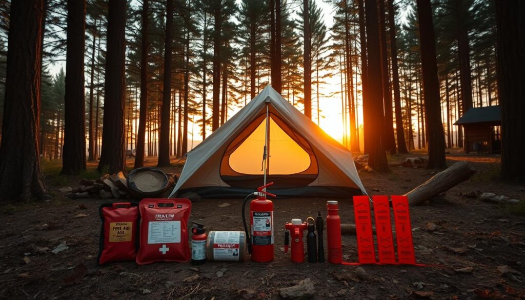 A cozy campsite nestled in a tranquil forest, with a well-organized safety setup in the foreground. In the middle ground, a sturdy tent stands tall, surrounded by essential camping gear - a first-aid kit, a fire extinguisher, a flashlight, and emergency flares. The background features a warm, golden sunset, casting a soft glow over the scene. The overall mood is one of preparedness and adventure, with a touch of rustic charm. The image is captured using a wide-angle lens, providing a comprehensive view of the campsite's safety features.