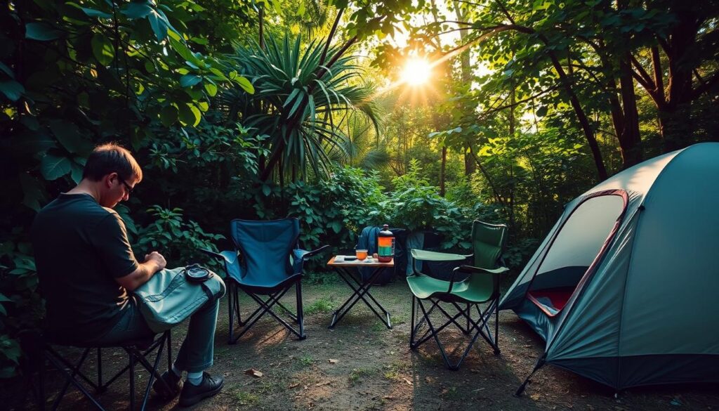 A cozy campsite nestled in lush greenery, with the warm afternoon sun filtering through the canopy. In the foreground, a person carefully examines different camping chairs, assessing their comfort, portability, and stability. The middle ground features a small table with various outdoor accessories, while in the background, a well-equipped tent stands ready for the adventure ahead. The scene conveys a sense of thoughtful preparation and the excitement of planning the perfect camping trip.