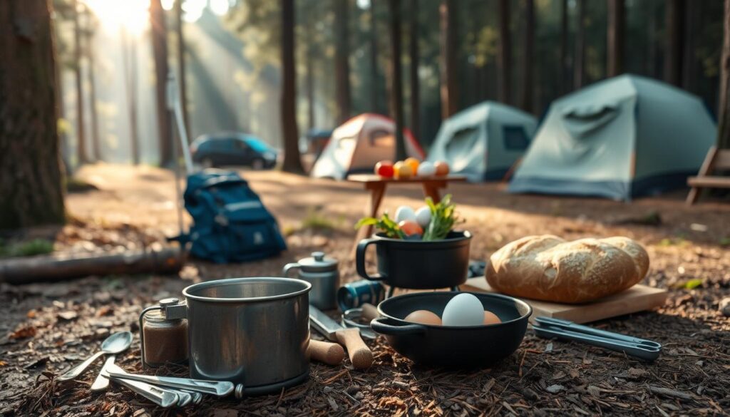 A cozy forest campsite, soft morning light filters through the trees. In the foreground, a neatly arranged assortment of camping cooking essentials - a compact camp stove, a cast-iron skillet, a weathered tin mug, and an array of utensils. In the middle ground, a small camp table holds a selection of fresh ingredients - eggs, vegetables, and a loaf of crusty bread. In the background, a row of backpacks and tents hints at the larger campsite. The scene exudes a sense of simplicity, preparedness, and the peaceful ambiance of an outdoor adventure.