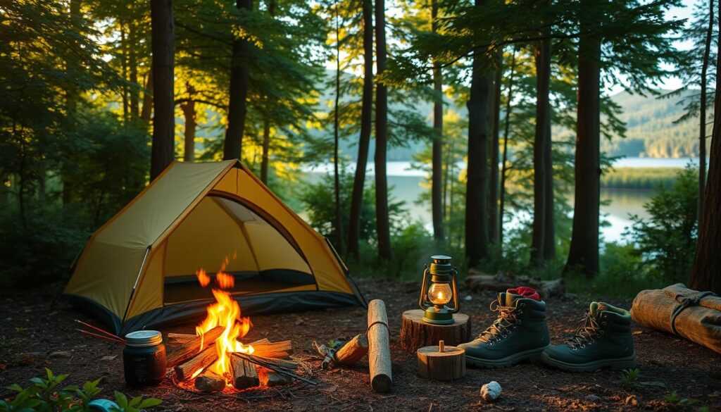 A cozy forest campsite with a small tent nestled among lush greenery, a crackling campfire, and an assortment of budget-friendly camping gear - a simple cooking setup, a lantern, and a pair of hiking boots. The scene is bathed in warm, golden sunlight filtering through the canopy, creating a serene and inviting atmosphere. In the background, a tranquil lake reflects the surrounding landscape, hinting at the natural beauty of the outdoor setting. The overall impression is one of simplicity, affordability, and a connection to the great outdoors.