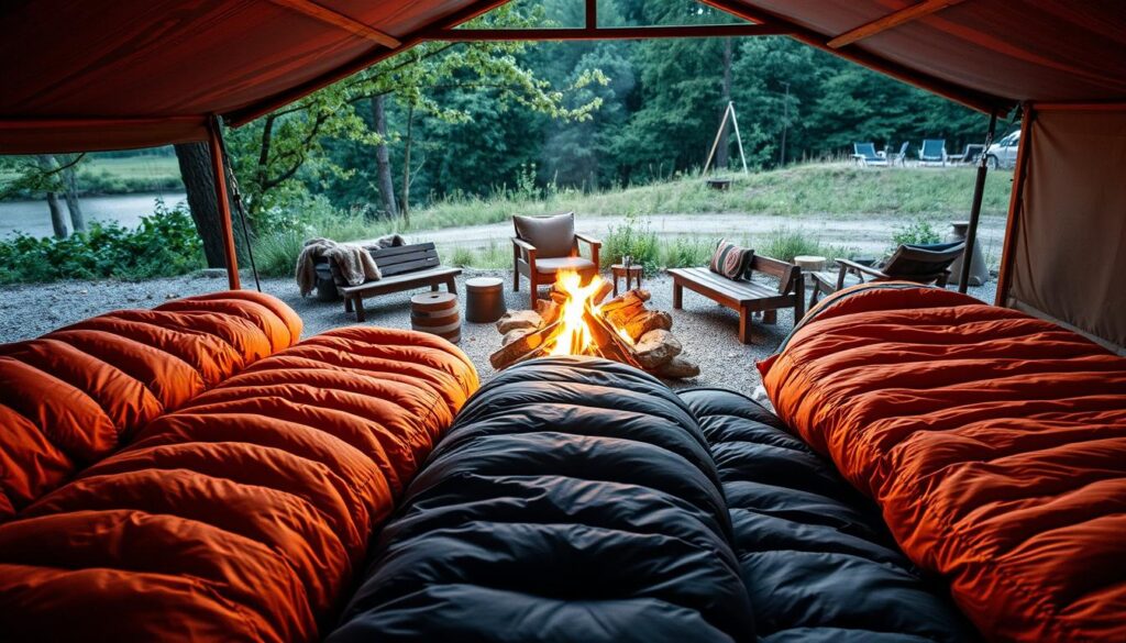 A cozy, inviting scene of insulated sleeping bags for all-season use. In the foreground, several high-quality sleeping bags in vibrant, earthy tones are neatly arranged, showcasing their distinctive quilted patterns and insulation properties. The middle ground features a tranquil, rustic campsite setting, with a crackling fire pit and a backdrop of lush, verdant foliage. Soft, warm lighting illuminates the scene, creating a welcoming and serene atmosphere. The overall composition emphasizes the versatility and durability of these sleeping bags, ready to provide comfort and warmth in any camping adventure, from the depths of winter to the mild embraces of spring and fall.