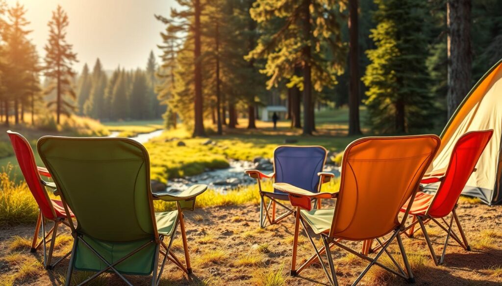 A cozy outdoor scene featuring a group of adorable kid-sized camping chairs in vibrant, playful colors. The chairs are arranged in a semicircle, inviting young adventurers to sit and enjoy the great outdoors. Warm, natural lighting casts a golden glow, creating a welcoming, family-friendly atmosphere. The foreground showcases the chairs in intricate detail, with textured fabrics and whimsical designs. In the middle ground, a lush, verdant landscape with towering pine trees and a meandering stream sets the stage for outdoor exploration and relaxation. The background blends soft, atmospheric hues, suggesting a peaceful, secluded camping spot perfect for quality time with loved ones.