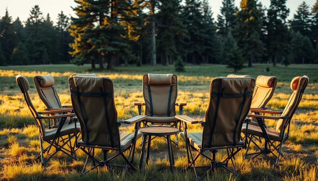 A cozy outdoor scene with several ergonomic camping chairs arranged in a circular pattern, bathed in warm golden lighting. The chairs feature plush, supportive cushions in muted earth tones, high backs for superior lumbar support, and adjustable armrests for maximum comfort. Subtle details like weathered wood accents and sturdy metal frames convey a sense of durability and quality craftsmanship. The chairs are situated on a lush, verdant meadow, surrounded by a backdrop of towering pine trees and a clear, tranquil sky. An overall atmosphere of relaxation and escape from the stresses of everyday life.