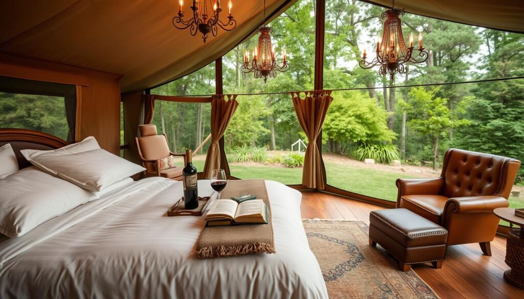 A cozy, well-appointed luxury glamping shelter in a serene natural setting. In the foreground, a plush queen-size bed is adorned with soft, high-thread-count linens and an abundance of plush pillows. Nearby, a handcrafted wooden side table holds a lantern, a hardcover book, and a glass of fine red wine. In the middle ground, a leather armchair and matching ottoman invite relaxation, while a beautifully woven area rug defines the space. The background reveals the shelter's interior, with elegant chandeliers casting a warm glow over the scene. Panoramic windows offer breathtaking views of lush, verdant foliage outside. The overall mood is one of refined comfort, sophistication, and harmony with nature.