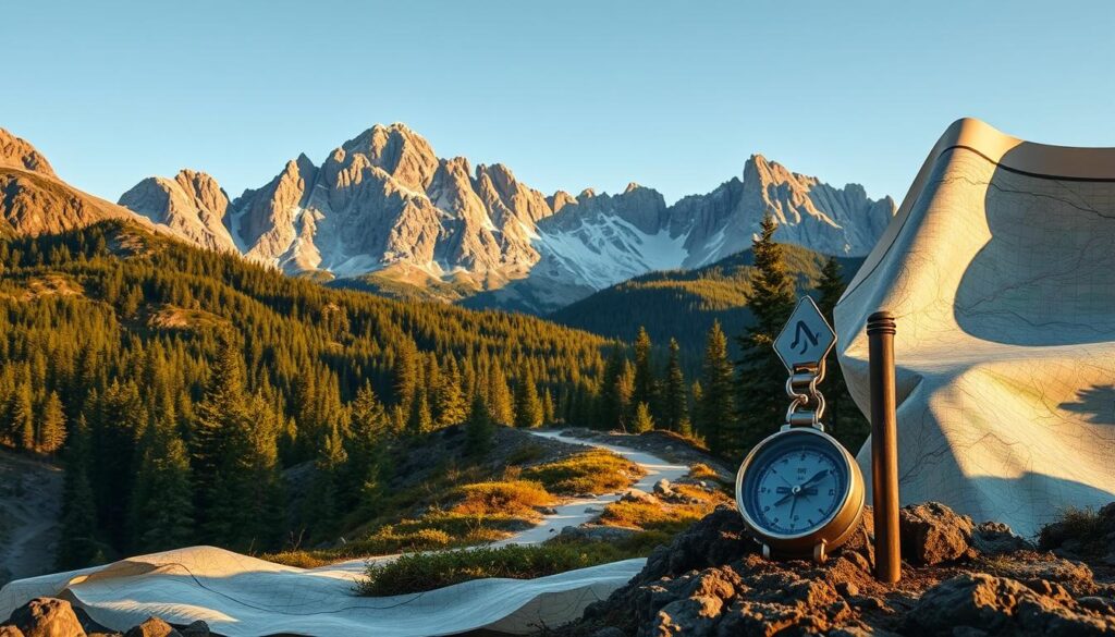 A detailed topographical map unfurls against a backdrop of rugged mountains, their peaks kissed by golden sunlight. In the foreground, a compass and a trail marker stand ready, guiding the viewer along a winding path through lush, verdant forests. The scene conveys a sense of adventure and preparedness, with a focus on the essential tools and information needed for safe, responsible camping. Subtle shadows and highlights create depth and dimension, while a warm, earthy color palette evokes the natural beauty of the great outdoors. The overall composition inspires a feeling of confidence and anticipation, inviting the viewer to embark on a camping expedition with a clear plan and an eye towards safety.