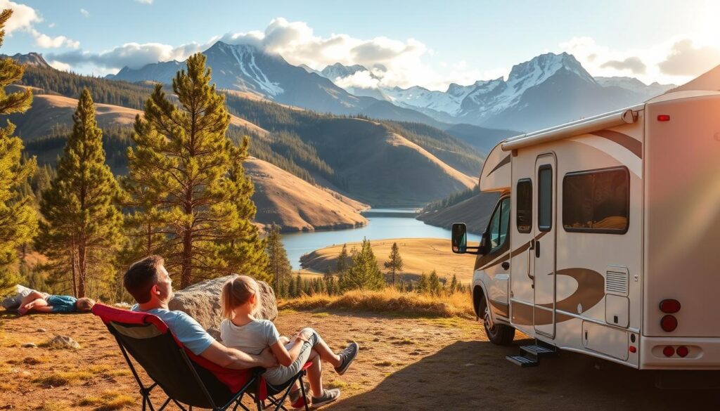 A family of four enjoying the great outdoors in their RV, nestled in a scenic mountain landscape. Warm afternoon sunlight filters through the trees, casting a golden glow across the scene. In the foreground, the parents and their two children relax on camping chairs, taking in the breathtaking views of rolling hills and a pristine lake. The RV, a sleek and modern model, blends seamlessly into the natural setting. In the background, towering peaks rise up, capped with snow and framed by fluffy clouds. The overall atmosphere conveys a sense of tranquility, adventure, and quality time spent together in the great outdoors.