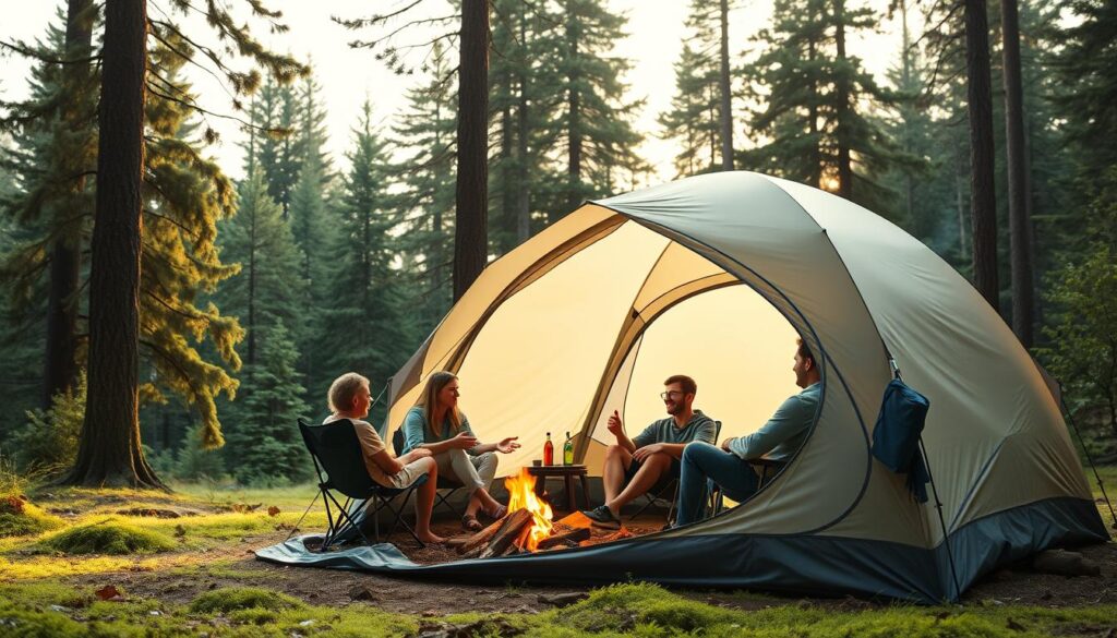 A family of four relaxing in a spacious, affordable camping tent in a lush, green forest setting. The tent is a mid-sized dome model in a neutral color, with a vestibule for extra storage. Soft, diffused natural lighting filters through the trees, creating a warm, inviting atmosphere. The family sits comfortably on camping chairs around a small campfire, enjoying quality time together. In the background, tall pine trees sway gently in a light breeze, and the forest floor is covered in soft moss and ferns. The overall scene conveys a sense of tranquility, comfort, and togetherness, perfect for a memorable family camping trip.