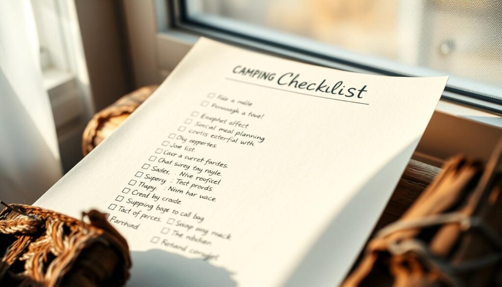 A high-quality, neatly organized camping checklist printed on a crisp, off-white paper. The list is divided into clear sections such as "Food and Meal Planning", with each item presented in a clean, legible handwritten font. The paper has a slight vintage, textured appearance, creating a warm, rustic ambiance. The checklist is illuminated by soft, natural light filtering through a window, casting gentle shadows and highlights across the surface. The composition places the checklist in the center, surrounded by a minimal, uncluttered background that suggests a cozy, outdoor-inspired setting, perhaps with hints of natural elements like wood or greenery in the periphery.