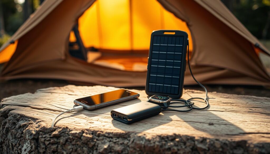 A high-quality solar-powered camping charger accessory set displayed on a rugged wooden surface, illuminated by warm, natural sunlight filtering through a canvas tent in the background. The charger is accompanied by a smartphone, smart watch, and power bank, all charged and ready for a day of off-grid exploration. The scene conveys a sense of self-sufficiency and preparedness for the outdoors, perfect for enhancing the camping experience.