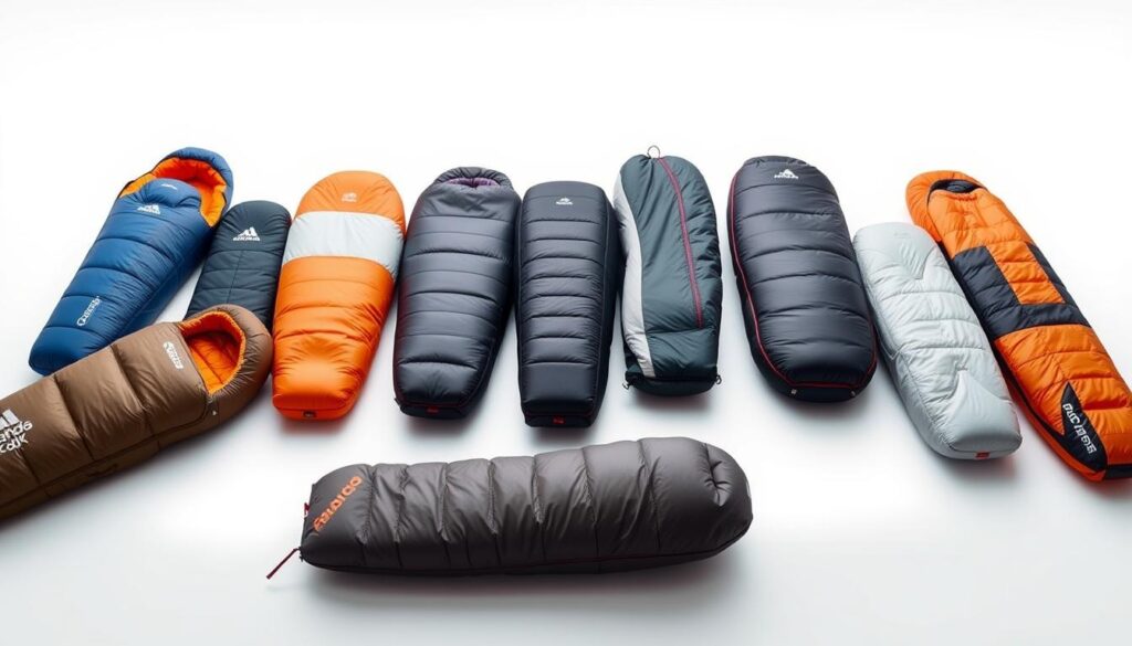 A high-quality, well-lit studio shot of the top sleeping bag brands, arrayed on a clean, minimalist white background. The sleeping bags are displayed in a visually striking arrangement, with their distinctive logos and designs prominently featured. The lighting casts a warm, inviting glow, highlighting the textural details and quality craftsmanship of each brand. The overall composition is clean, balanced, and visually appealing, making it an ideal illustration for a section on the "Best Brands for Sleeping Bags".