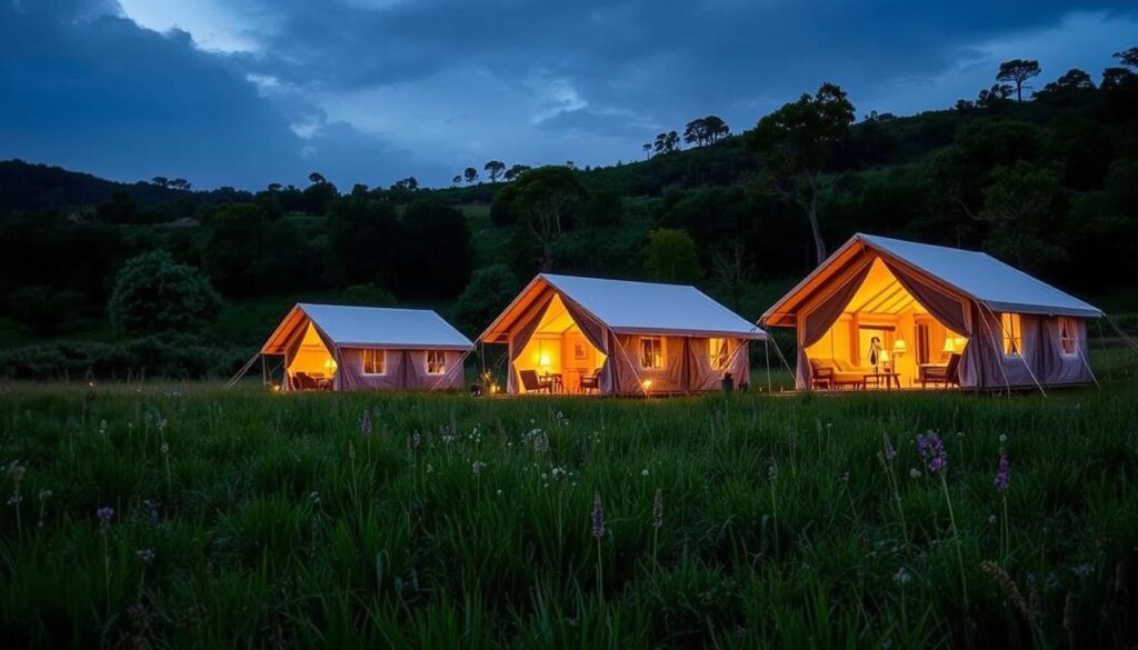 A lush, verdant meadow serves as the backdrop for a collection of luxurious glamping tents, their inviting silhouettes casting gentle shadows across the landscape. Warm, soft lighting emanates from within, creating an atmosphere of cozy comfort amidst the untamed wilderness. The tents, adorned with elegant touches and premium materials, stand as a testament to the perfect marriage of nature and refined living. With attention to every detail, from the plush furnishings to the expansive windows that frame the stunning vistas, these glamping tents beckon the visitor to experience the ultimate in outdoor luxury.