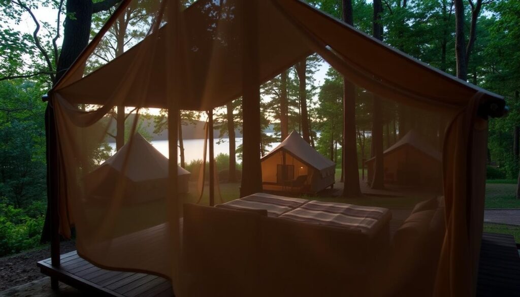A luxurious glamping site nestled in a lush, verdant forest. In the foreground, a spacious safari-style tent with a wooden deck and plush furnishings invites exploration. Warm lighting filters through the sheer fabric, creating a cozy, intimate atmosphere. In the middle ground, additional glamping accommodations stand amidst towering trees, their silhouettes casting intriguing shadows. The background features a tranquil lake, its still waters reflecting the surrounding natural beauty. The scene exudes a sense of rustic elegance, where the boundaries between indoor and outdoor living are blurred, offering a truly immersive glamping experience.