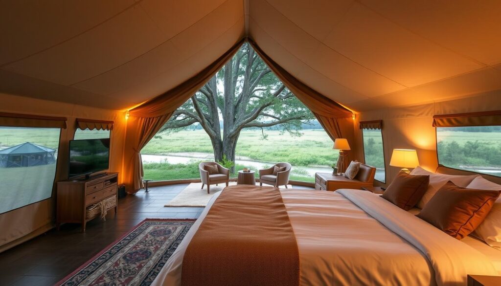 A luxurious glamping tent nestled in a serene nature setting, with soft ambient lighting illuminating the cozy interior. The tent features high-quality fabrics, plush furnishings, and stylish decor, creating an inviting and sophisticated atmosphere. In the foreground, a large king-size bed with crisp white linens and warm-toned accents invites guests to relax and unwind. The middle ground showcases a sitting area with comfortable chairs and a small side table, perfect for enjoying a cup of coffee or a glass of wine. The background depicts a lush, verdant landscape, with towering trees and a glimpse of a nearby stream or lake, creating a sense of tranquility and reconnection with nature.