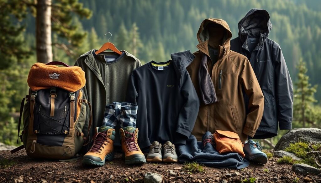 A meticulously arranged display of outdoor clothing essentials for a backpacking adventure. In the foreground, a well-worn backpack, hiking boots, and a cozy fleece jacket. In the middle ground, various base layers, insulation pieces, and weatherproof shells in earthy tones. The background features a serene, lush forest landscape, illuminated by soft, natural lighting, conveying a sense of preparedness and tranquility. The composition emphasizes the versatility and functionality of the apparel, ready to adapt to the demands of the trail.