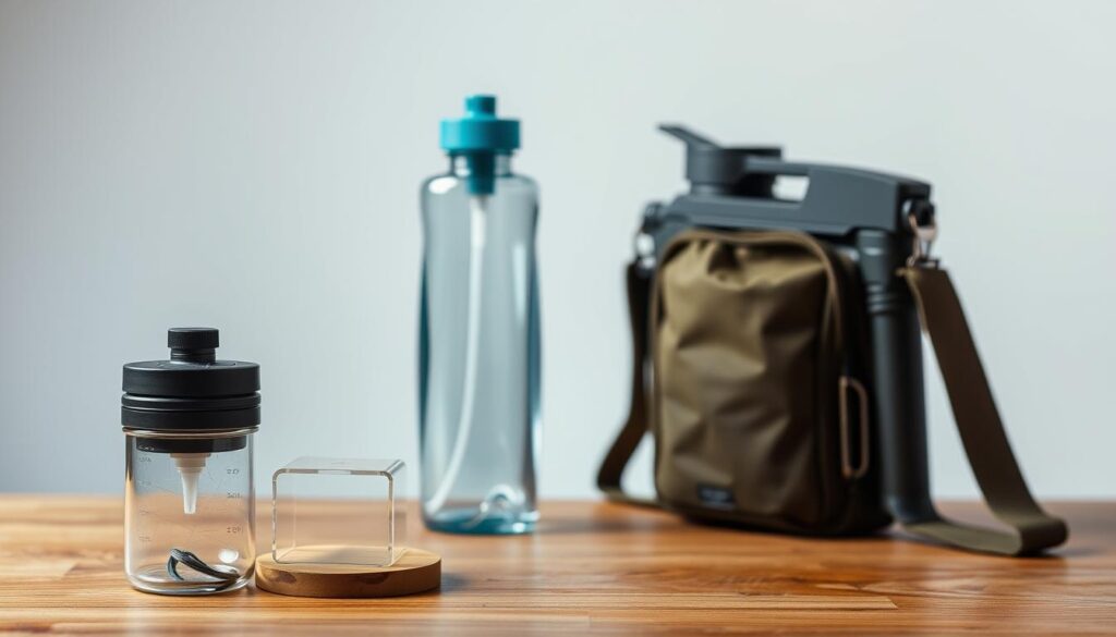 A meticulously crafted image of several lightweight backpacking water filtration systems, showcased in a well-lit studio setting. In the foreground, a compact gravity-fed filter rests on a natural wood surface, its transparent housing revealing the intricate inner workings. Beside it, a slim, collapsible water bottle with an integrated pump filter stands upright, ready for use. In the middle ground, a rugged, handheld pump filter is displayed, its sturdy construction and ergonomic design evident. The background features a softly blurred, minimalist backdrop, allowing the products to take center stage and emphasize their portability and efficiency for outdoor adventures.