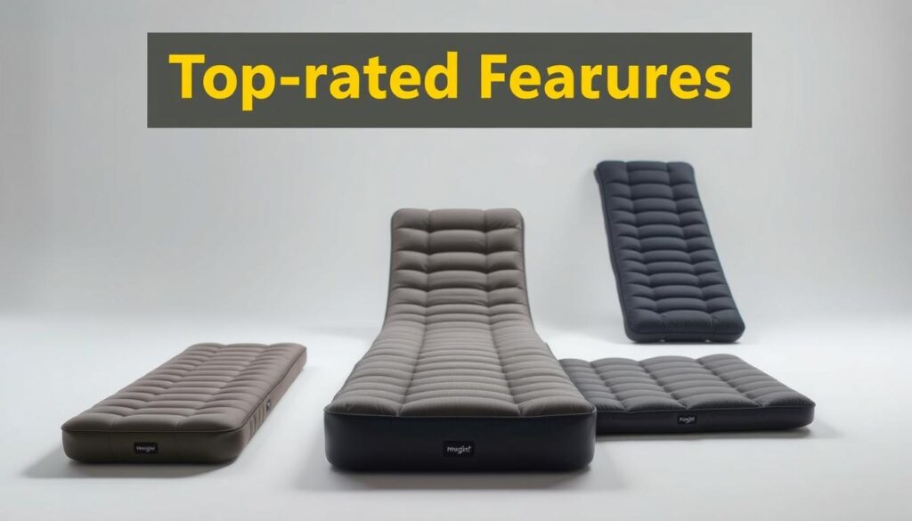 A modern and minimalist image showcasing the key features of top-rated sleeping pads. In the foreground, three sleeping pads of varying materials and designs are displayed against a clean white background, allowing the details and textures to shine. The midground features a soft, diffused lighting setup that accentuates the sleek profiles and matte finishes of the pads. In the background, a subtle gradient or soft blur creates depth and focus, guiding the viewer's eye to the main subject. The overall mood is one of simplicity, quality, and functionality - reflecting the practical needs of discerning campers seeking a comfortable night's sleep in the great outdoors.