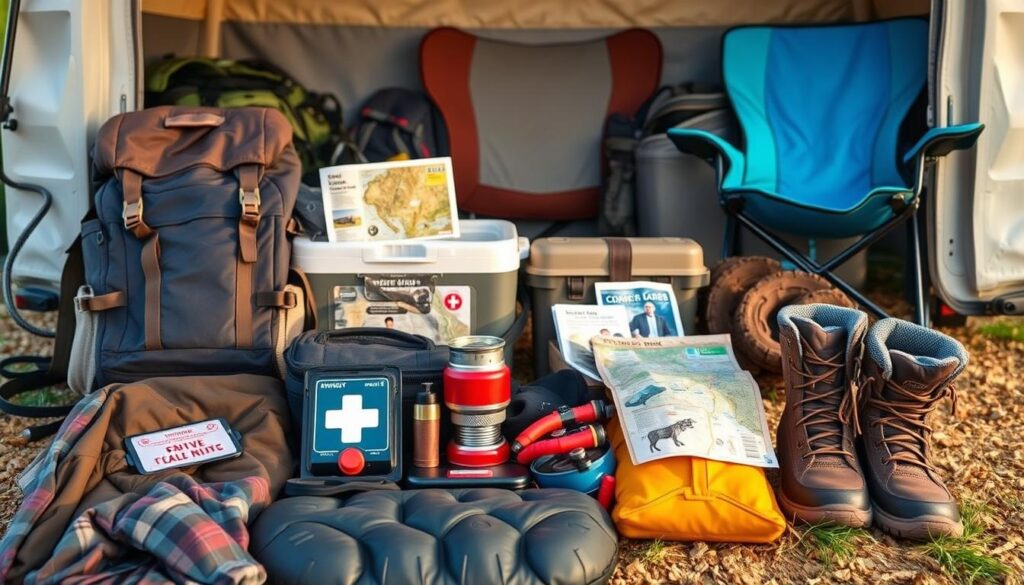 A neatly organized arrangement of essential camping gear for an RV trip, from the CampingGearAuthority. In the foreground, a sturdy backpack, a sleeping bag, and a first-aid kit. In the middle ground, a portable stove, a trusty flashlight, and a weatherproof map. In the background, a cozy camping chair, a rugged cooler, and a pair of hiking boots. The scene is bathed in a warm, golden light, suggesting the anticipation of an adventure-filled journey. Carefully curated to capture the spirit of a well-planned RV camping trip. A neatly organized arrangement of essential camping gear for an RV trip, from the CampingGearAuthority. In the foreground, a sturdy backpack, a sleeping bag, and a first-aid kit. In the middle ground, a portable stove, a trusty flashlight, and a weatherproof map. In the background, a cozy camping chair, a rugged cooler, and a pair of hiking boots. The scene is bathed in a warm, golden light, suggesting the anticipation of an adventure-filled journey. Carefully curated to capture the spirit of a well-planned RV camping trip.