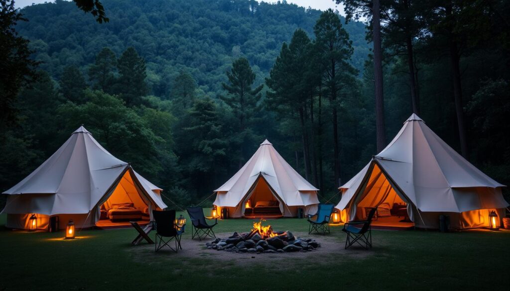 A picturesque campsite nestled in a tranquil forest, featuring a cluster of durable canvas bell tents arranged in a cozy formation. Soft, warm lighting from lanterns and campfires casts a welcoming glow, creating an inviting atmosphere. The tents' distinctive round silhouettes stand tall, their fabric panels flowing gently in the light breeze. The foreground is dominated by the tents, while the middle ground showcases a fire pit surrounded by camping chairs, and the background features a lush, verdant forest backdrop. This serene scene captures the essence of the comfort and community that bell tents can bring to outdoor adventures and group gatherings.