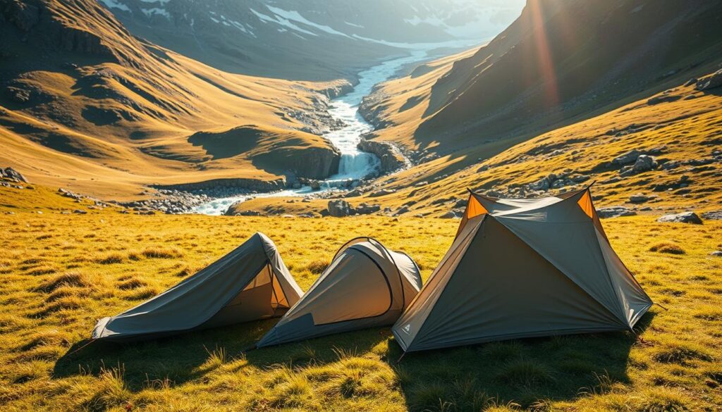 A pristine alpine meadow, with a gentle slope leading to a sparkling mountain stream. In the foreground, an array of lightweight trekking shelters are displayed - a minimalist bivy sack, a freestanding solo tent, and a versatile tarp system with integrated poles. The shelters are crafted from high-tech, ripstop fabrics in muted earth tones, designed to blend seamlessly with the natural surroundings. Warm, directional lighting casts long shadows, highlighting the sleek, aerodynamic shapes and clean lines of the gear. The scene conveys a sense of calm, adventure, and the freedom of the great outdoors.