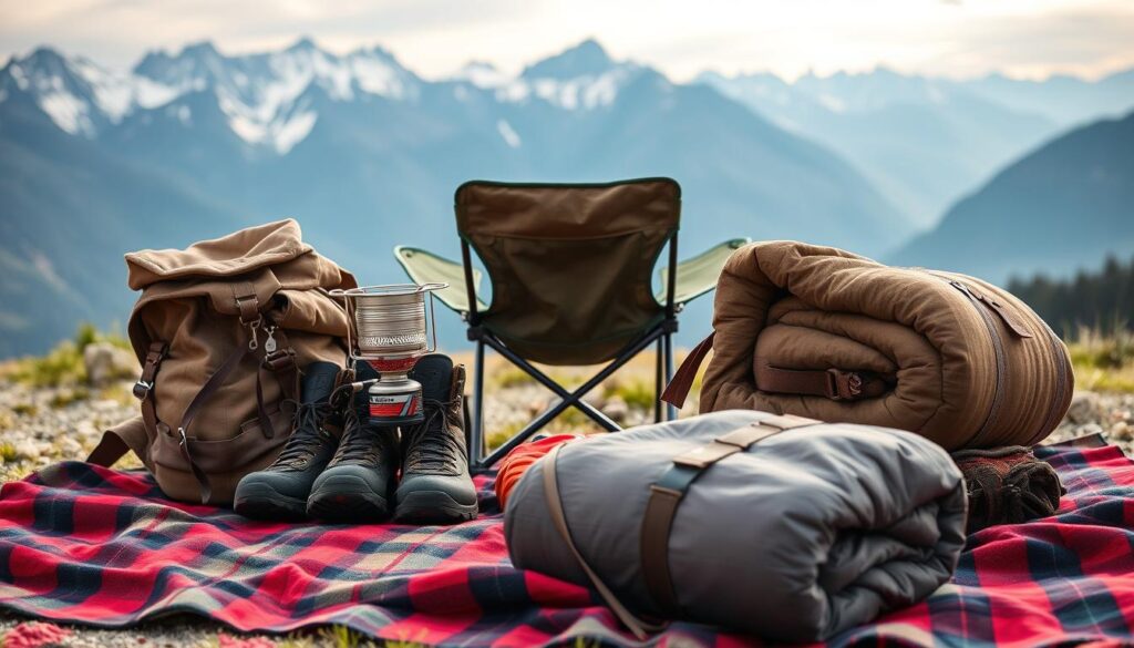 A rugged assortment of outdoor gear for RV camping, artfully arranged against a backdrop of a scenic mountain landscape. In the foreground, a sturdy backpack, hiking boots, and a lightweight camping stove sit atop a plaid picnic blanket. The middle ground features a compact camping chair and a cozy sleeping bag rolled tightly. In the distance, snow-capped peaks rise under a soft, diffused light, creating a sense of tranquility and adventure. The overall composition evokes the spirit of off-grid exploration and the comforts of RV living. A rugged assortment of outdoor gear for RV camping, artfully arranged against a backdrop of a scenic mountain landscape. In the foreground, a sturdy backpack, hiking boots, and a lightweight camping stove sit atop a plaid picnic blanket. The middle ground features a compact camping chair and a cozy sleeping bag rolled tightly. In the distance, snow-capped peaks rise under a soft, diffused light, creating a sense of tranquility and adventure. The overall composition evokes the spirit of off-grid exploration and the comforts of RV living.