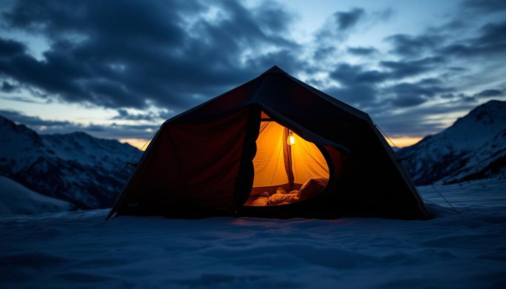 A rugged, weatherproof four-season tent standing tall on a snowy alpine landscape, its sleek silhouette casting long shadows under a dramatic evening sky. The tent's sturdy construction, featuring reinforced panels and reinforced corners, is designed to withstand the harshest winter conditions. Its aerodynamic shape and durable fabrics offer superior wind and snow resistance. The tent's interior is cozy and well-ventilated, with ample space for gear storage and comfortable sleeping. Warm light glows from the tent's interior, creating a welcoming atmosphere against the chilly, moody backdrop of the mountains.