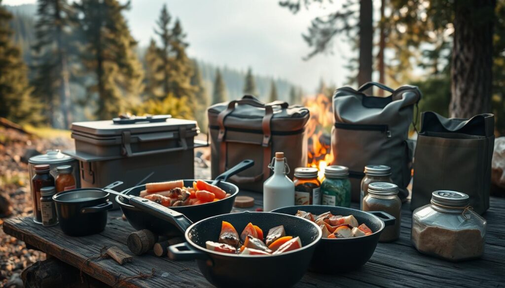 A rustic outdoor cooking scene with various food storage accessories, illuminated by warm natural lighting and a cozy campfire. In the foreground, a cast-iron skillet sizzles with freshly grilled meats and vegetables, surrounded by a collection of sturdy camp cookware, utensils, and spice jars. In the middle ground, a rugged wooden table holds a weathered cooler, a canvas food storage bag, and a durable dry bag for preserving perishables. The background features a lush, forested landscape with towering pines, casting soft shadows across the scene. The overall mood is one of adventure, self-reliance, and appreciation for the great outdoors.