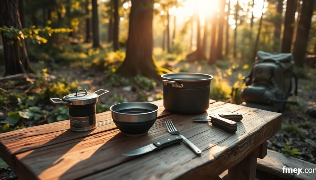 A rustic wooden table in a lush forest clearing, bathed in warm, golden sunlight. On the table, an assortment of essential backpacking cooking gear: a compact stove, a lightweight titanium pot, a collapsible silicone bowl, a spork, and a small camp knife. Nearby, a sturdy backpack and hiking boots suggest the adventurous nature of this scene. The overall mood is one of simplicity, utility, and the joy of outdoor exploration.