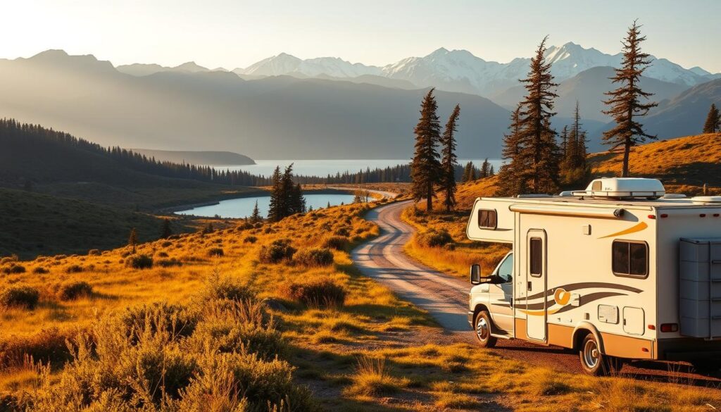 A scenic landscape with a well-equipped RV parked in the foreground, surrounded by lush vegetation and rolling hills. The RV is bathed in warm, golden afternoon light, casting long shadows across the grassy terrain. In the middle ground, a winding dirt road leads deeper into the wilderness, flanked by towering pine trees and a crystal-clear lake in the distance. The background is dominated by majestic, snow-capped mountains, their peaks piercing the soft, hazy sky. The overall atmosphere is one of tranquility, adventure, and the joy of experiencing the great outdoors from the comfort of a well-appointed RV.