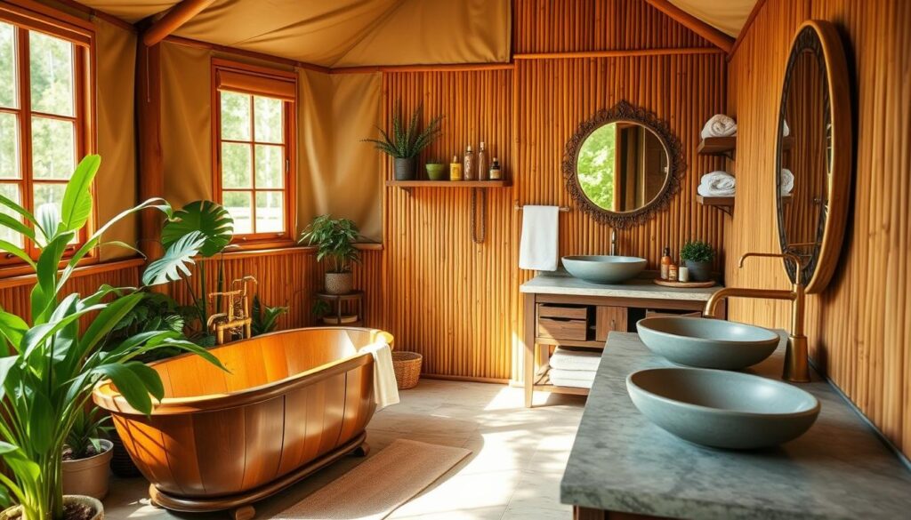 A serene and eco-friendly glamping bathroom, bathed in warm, natural light filtering through large windows. The foreground features a wooden, freestanding bathtub with brass fixtures, surrounded by lush potted plants. In the middle ground, a vanity with a stone countertop and a vessel sink, complemented by a large, decorative mirror. The background showcases a bamboo-paneled wall, with shelves displaying organic bath products and plush towels. The overall atmosphere is one of rustic elegance and environmental consciousness, inviting relaxation and connection with nature.