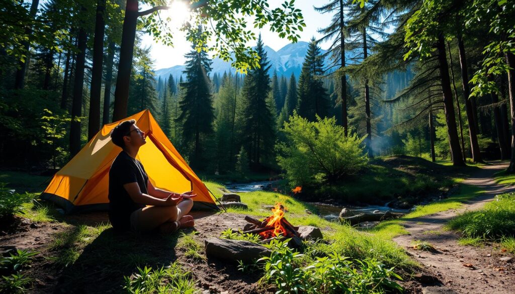 A serene campsite nestled in a lush forest, with a cozy tent pitched beside a gently flowing stream. Sunlight dapples through the verdant canopy, casting a warm, inviting glow. In the foreground, a person sits cross-legged, eyes closed, as they practice mindfulness meditation, immersed in the soothing sounds of nature. Nearby, a small campfire crackles, its flames dancing in the crisp, fresh air. The middle ground reveals a winding trail leading deeper into the woodland, inviting exploration and discovery. In the background, majestic mountains rise, their peaks capped with glistening snow. This scene embodies the restorative benefits of nature therapy, where the mind finds solace and the spirit reconnects with the natural world. A serene campsite nestled in a lush forest, with a cozy tent pitched beside a gently flowing stream. Sunlight dapples through the verdant canopy, casting a warm, inviting glow. In the foreground, a person sits cross-legged, eyes closed, as they practice mindfulness meditation, immersed in the soothing sounds of nature. Nearby, a small campfire crackles, its flames dancing in the crisp, fresh air. The middle ground reveals a winding trail leading deeper into the woodland, inviting exploration and discovery. In the background, majestic mountains rise, their peaks capped with glistening snow. This scene embodies the restorative benefits of nature therapy, where the mind finds solace and the spirit reconnects with the natural world.