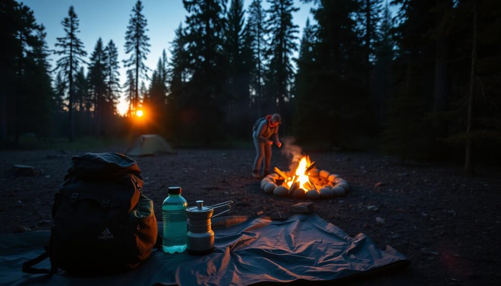 A serene forest campsite at dusk, illuminated by a warm campfire. In the foreground, a backpack, water bottle, and a small camping stove sit neatly on a neatly arranged tarp. The middle ground features a pair of hikers carefully extinguishing the campfire, following the Leave No Trace principles. In the background, tall evergreen trees sway gently, and the setting sun casts a soft, golden glow across the scene. The overall mood is one of mindful, responsible camping, where nature is respected and preserved. A serene forest campsite at dusk, illuminated by a warm campfire. In the foreground, a backpack, water bottle, and a small camping stove sit neatly on a neatly arranged tarp. The middle ground features a pair of hikers carefully extinguishing the campfire, following the Leave No Trace principles. In the background, tall evergreen trees sway gently, and the setting sun casts a soft, golden glow across the scene. The overall mood is one of mindful, responsible camping, where nature is respected and preserved.
