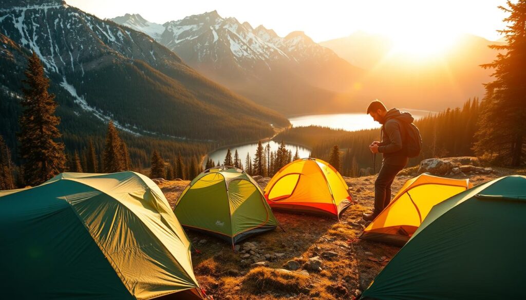 A serene mountain landscape with a well-equipped hiker inspecting a range of ultralight backpacking tents. In the foreground, the hiker carefully examines the structure, weight, and design of different tent models, considering their suitability for an upcoming backpacking trip. The middle ground features a picturesque backdrop of snow-capped peaks, lush forests, and a tranquil lake, setting the scene for an outdoor adventure. Warm, golden sunlight filters through the scene, creating a cozy, inviting atmosphere. The image captures the process of carefully selecting the perfect ultralight tent to ensure a comfortable and hassle-free backpacking experience.