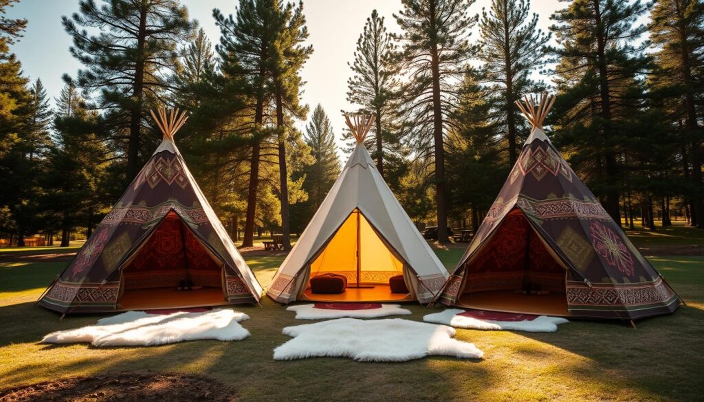 A serene, well-lit scene showcasing three premium canvas teepee tents arranged in a picturesque outdoor setting. The tents feature intricate geometric patterns, with rich, earthy hues of burgundy, ochre, and olive green. Plush sheepskin rugs adorn the ground, creating a cozy, inviting atmosphere. Tall, majestic pines frame the background, casting gentle shadows that dance across the scene. Natural sunlight filters through the trees, illuminating the tents and casting a warm, golden glow. The overall composition evokes a sense of rustic elegance and the promise of a luxurious glamping experience.