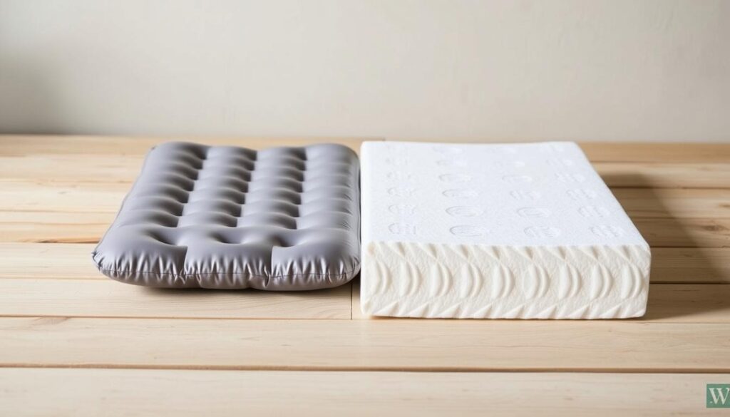 A still life scene showcasing a side-by-side comparison of an air-filled and a foam sleeping pad. The pads are displayed on a wood-planked surface, with a neutral-colored backdrop. Soft, diffused lighting highlights the textural details of the materials, revealing the differences in thickness, firmness, and support. The air pad gently reflects the light, while the foam pad has a more matte appearance. The composition emphasizes the practicality and functionality of these camping essentials, inviting the viewer to imagine their comfort and performance in an outdoor setting.