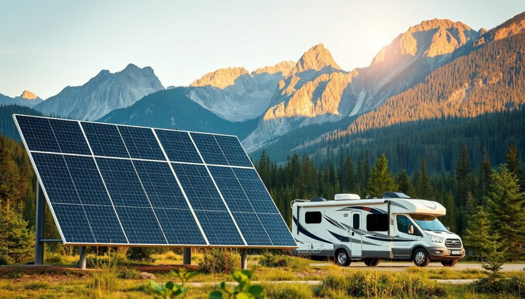 A striking solar panel array set against a picturesque RV parked in a serene mountain landscape. The panels are sleek, modern, and highly efficient, capturing the sun's rays at the optimal angle. The RV is nestled in a lush, forested setting, with towering peaks in the background bathed in warm, golden light. The scene conveys a sense of off-grid living, self-sufficiency, and a harmonious integration of renewable energy technology with the natural environment. Shadows and highlights are skillfully rendered, creating depth and dimensionality. The overall composition is balanced and visually appealing, inviting the viewer to imagine the comforts of RV camping powered by the sun's abundant energy. A striking solar panel array set against a picturesque RV parked in a serene mountain landscape. The panels are sleek, modern, and highly efficient, capturing the sun's rays at the optimal angle. The RV is nestled in a lush, forested setting, with towering peaks in the background bathed in warm, golden light. The scene conveys a sense of off-grid living, self-sufficiency, and a harmonious integration of renewable energy technology with the natural environment. Shadows and highlights are skillfully rendered, creating depth and dimensionality. The overall composition is balanced and visually appealing, inviting the viewer to imagine the comforts of RV camping powered by the sun's abundant energy.