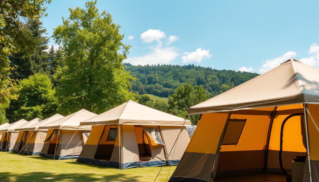 A sun-dappled campground with lush foliage and rolling hills in the background. In the foreground, a row of high-quality family tents in muted earth tones, their weatherproof fabrics and sturdy aluminum frames gleaming. The tents are spacious, with ample headroom and vestibules for storage. A warm, inviting atmosphere pervades the scene, evoking the joys of outdoor adventure and quality time spent with loved ones. A wide-angle lens captures the idyllic setting, with soft, diffused lighting that highlights the tents' durability and attention to detail. This is the perfect campsite for families seeking an affordable, yet durable and comfortable, refuge in nature.