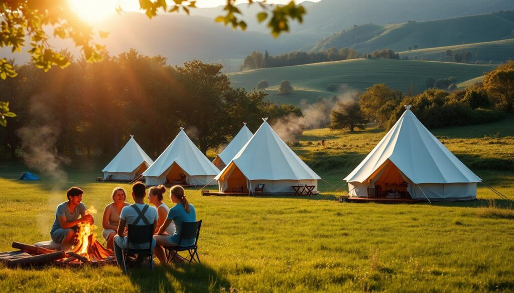 A sun-dappled outdoor scene showcasing an array of elegant bell tents in a serene meadow. In the foreground, a group of friends gather around a cozy campfire, their laughter echoing through the crisp, fresh air. The middle ground features several bell tents of varying sizes and colors, their distinct silhouettes against a backdrop of rolling hills and mature trees. Soft, diffused natural lighting illuminates the scene, casting a warm, inviting glow. The overall atmosphere is one of tranquility, adventure, and the joy of shared experiences in the great outdoors.