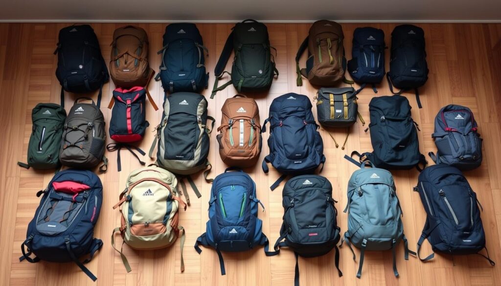 A varied assortment of lightweight hiking backpacks in different price ranges, neatly arranged on a clean, well-lit wooden surface. The backpacks are depicted from various angles, showcasing their features and sizes. The lighting is soft and diffused, creating a calm and inviting atmosphere. The color palette is muted, with earthy tones and natural textures predominating. The image emphasizes the diversity of options available, allowing the viewer to clearly see the range of prices and features for beginner-friendly hiking backpacks.
