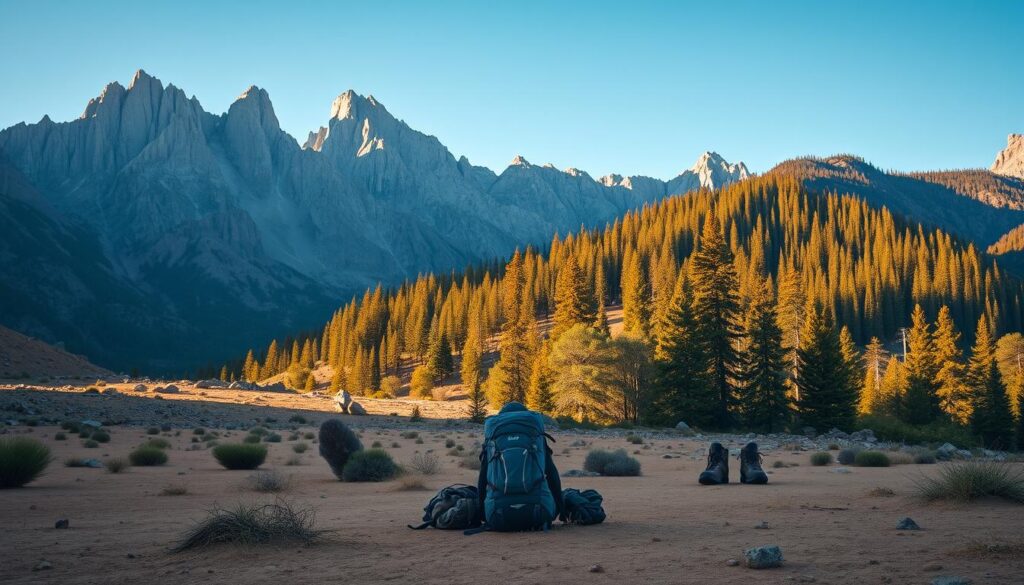 A vast, rugged mountain landscape, with craggy peaks piercing the azure sky. In the foreground, an arid desert expanse stretches out, dotted with sparse vegetation and rocky outcroppings. In the middle ground, a dense forest of towering pines and evergreens stands tall, casting deep shadows. In the center, a lone backpacker's gear is laid out, including a sturdy backpack, camping equipment, and hiking boots, ready for adventure. Warm, golden sunlight filters through the trees, creating a serene, tranquil atmosphere. The scene captures the diversity of environments a backpacker must be prepared to encounter, from towering mountains to desert landscapes to lush, forested terrain.