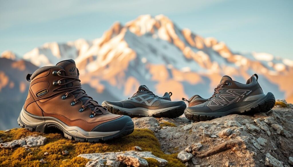 A well-crafted array of men's outdoor footwear set against a rugged, natural backdrop. In the foreground, a pair of sturdy, weathered hiking boots with thick, grippy soles and reinforced toes rests on a mossy, rocky surface. In the middle ground, a set of lightweight, breathable trail running shoes in muted tones blends seamlessly with the earthy palette. The background features a towering, snow-capped mountain range bathed in warm, golden sunlight, conveying a sense of adventure and exploration. The lighting is soft and diffused, casting gentle shadows that accentuate the textures and details of the footwear. Overall, the image exudes a sense of durability, functionality, and the rugged beauty of the great outdoors.